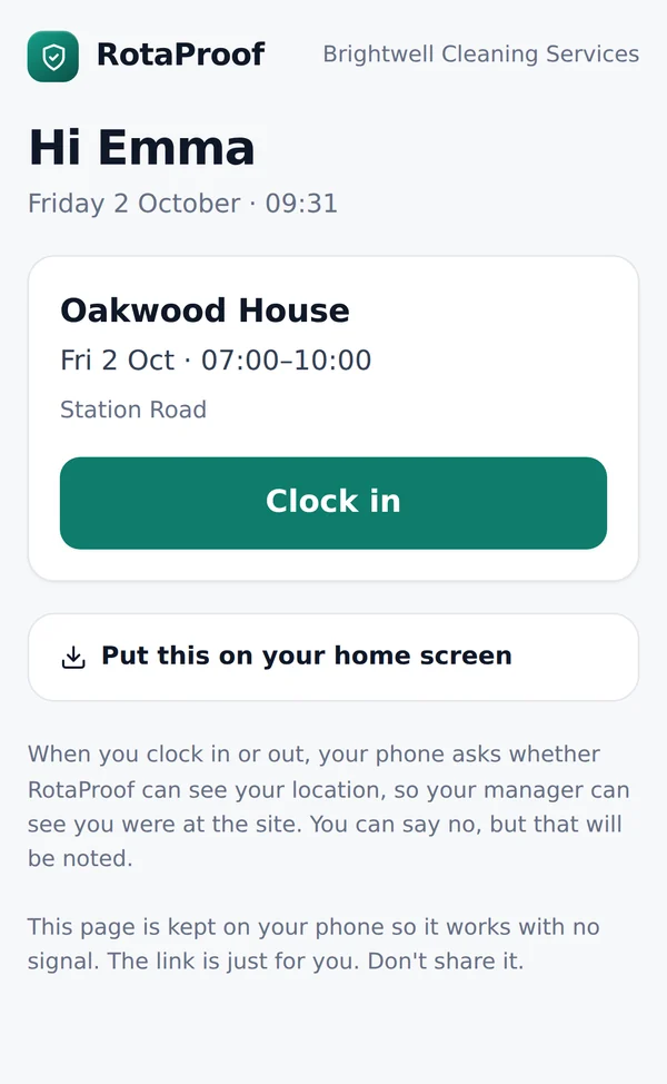 A cleaner's phone showing today's shift at Oakwood House with a Clock in button.