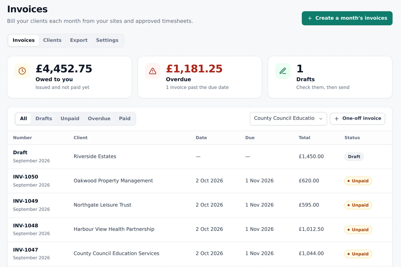 The invoices screen: money owed, overdue invoices, drafts to check, and each client's invoice with its status.